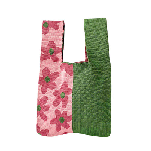 Niche design color-blocked small flower knitted shoulder handbag, versatile large-capacity tote bag