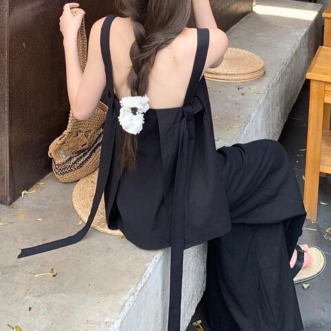 韓国ホットガールスタイルデザイン黒キャミソールレディース夏ハイウエストスリムストレートワイドレッグパンツ2点セット|undefined