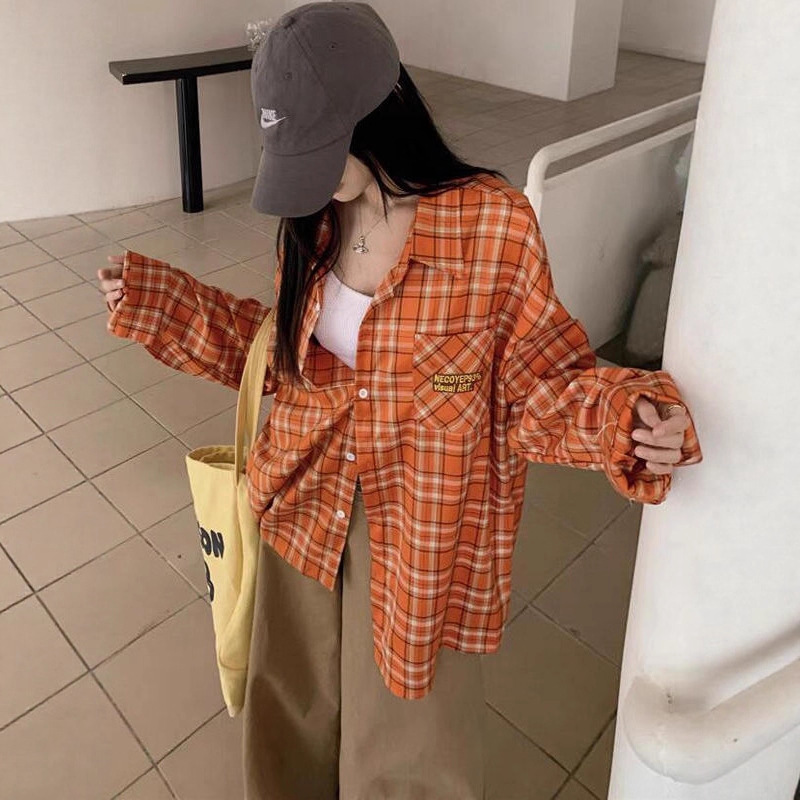 Dopamine Orange Plaid Long-Sleeved Shirt for Men and Women in Autum Lazy Style Pattern Shirt American Retro Couple Jacket