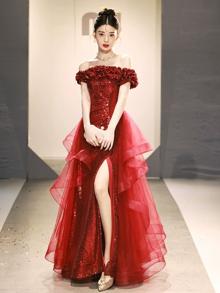 Đầm dạ hội lệch vai đen đính sequin ôm body dáng dài — Màu đen (lưới không thể tháo rời), Màu đỏ rượu vang (lưới không thể tháo rời) chi tiết 5