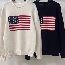欧美风美国旗五角星刺绣男女同款纯棉圆领长袖针织衫