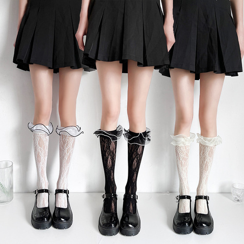 New Summer Women's Socks Thin Lace Hollow Lolita JK Style Organza Lace Princess Straight Tube 