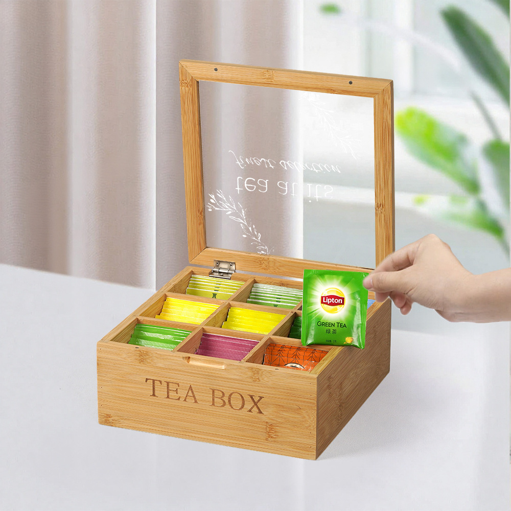 2025 New Model Cross-Border Divided Wooden Tea Bag Gift Box, Square Multifunctional 9-Compartment Storage Organizer