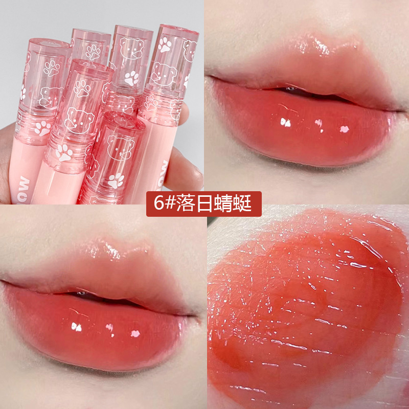 Kakashow Bubble Bear Mirror Water Gloss Lip Glaze Spring and Summer Glass Pouty Lips Moisturizing Whitening Lipstick Water Mist Lip Glaze