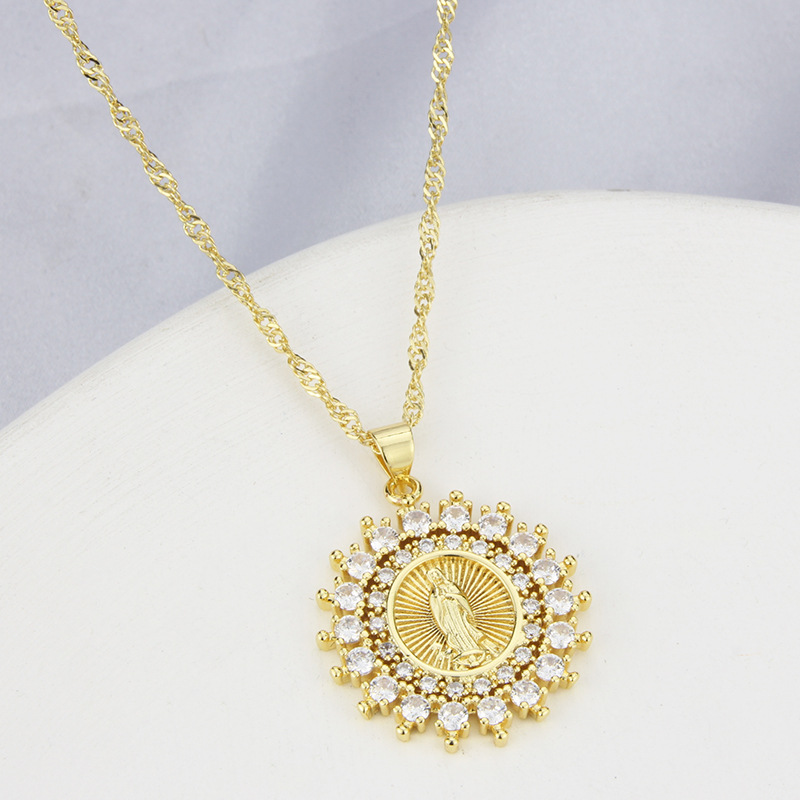 European and American Virgin Mary inlaid zirconium round copper necklace