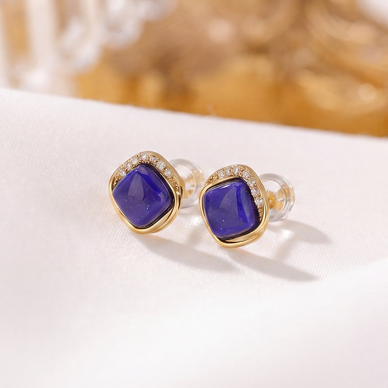 Bông tai bạc S925 đính đá lapis lazuli hình vuông phong cách — Xanh lapis lazuli
