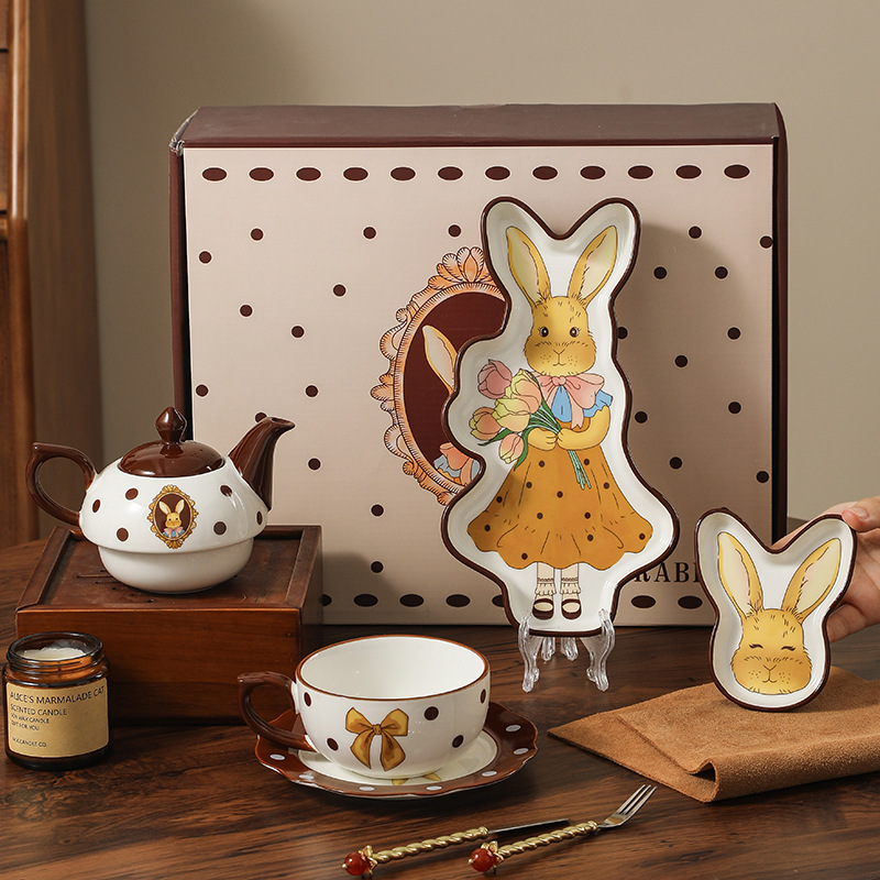 Vintage Rhya Rabbit Afternoon Tea suit Creative Ceramic Tableware Dish Cup Pot suit Opening Event Gift Wholesale
