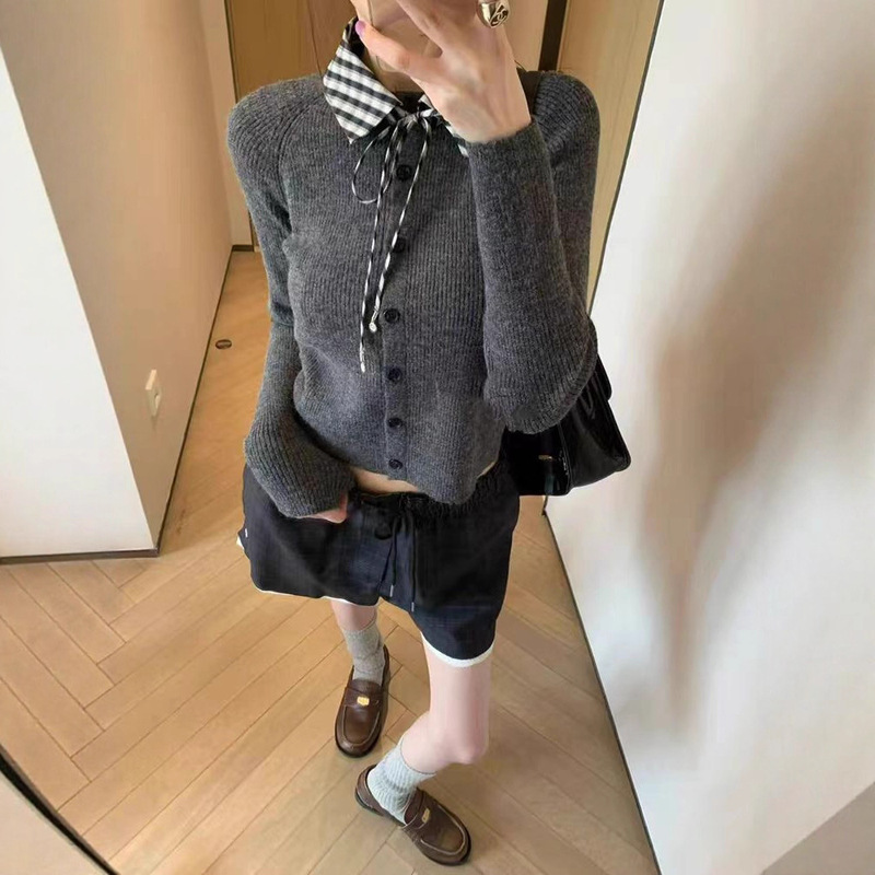 Plaid Pool Collar Lace-Up Slim Knitted Top Women's Autumn and Winter Korean Preppy Style Long-Sleeved Sweater Cardigan Shirt