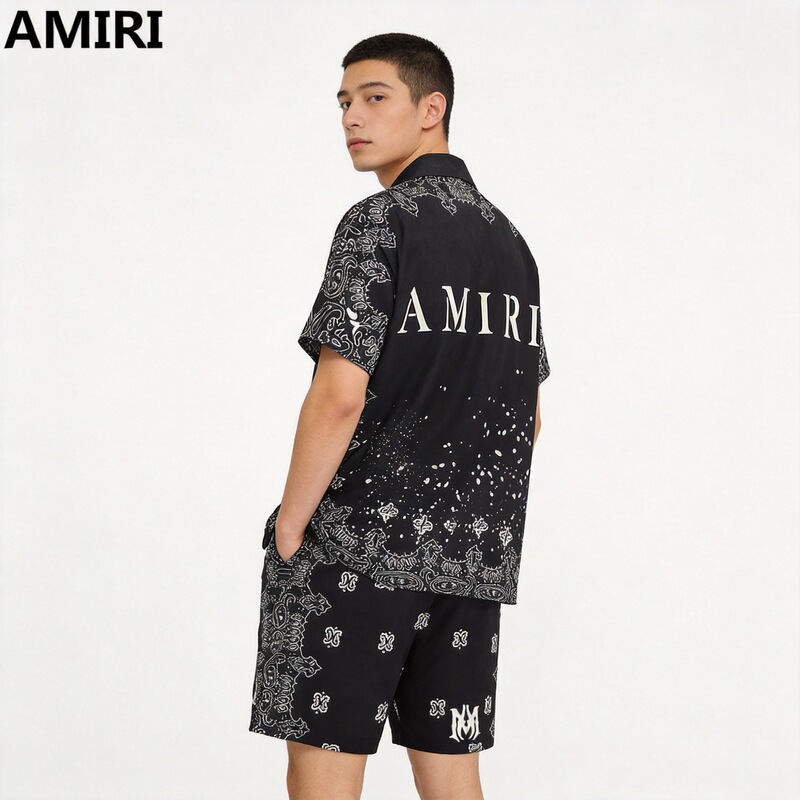 2026 Men's Suit Shirt Amiri Classic Color-Blocked Printed Youth Casual Short-Sleeved Sports Shirt