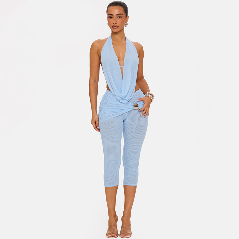 C26ST240 Foreign Trade European and American Style Women's New Fashion Set: Halter Neck Tie-Up Backless Camisole and Tight-Fitting Shorts