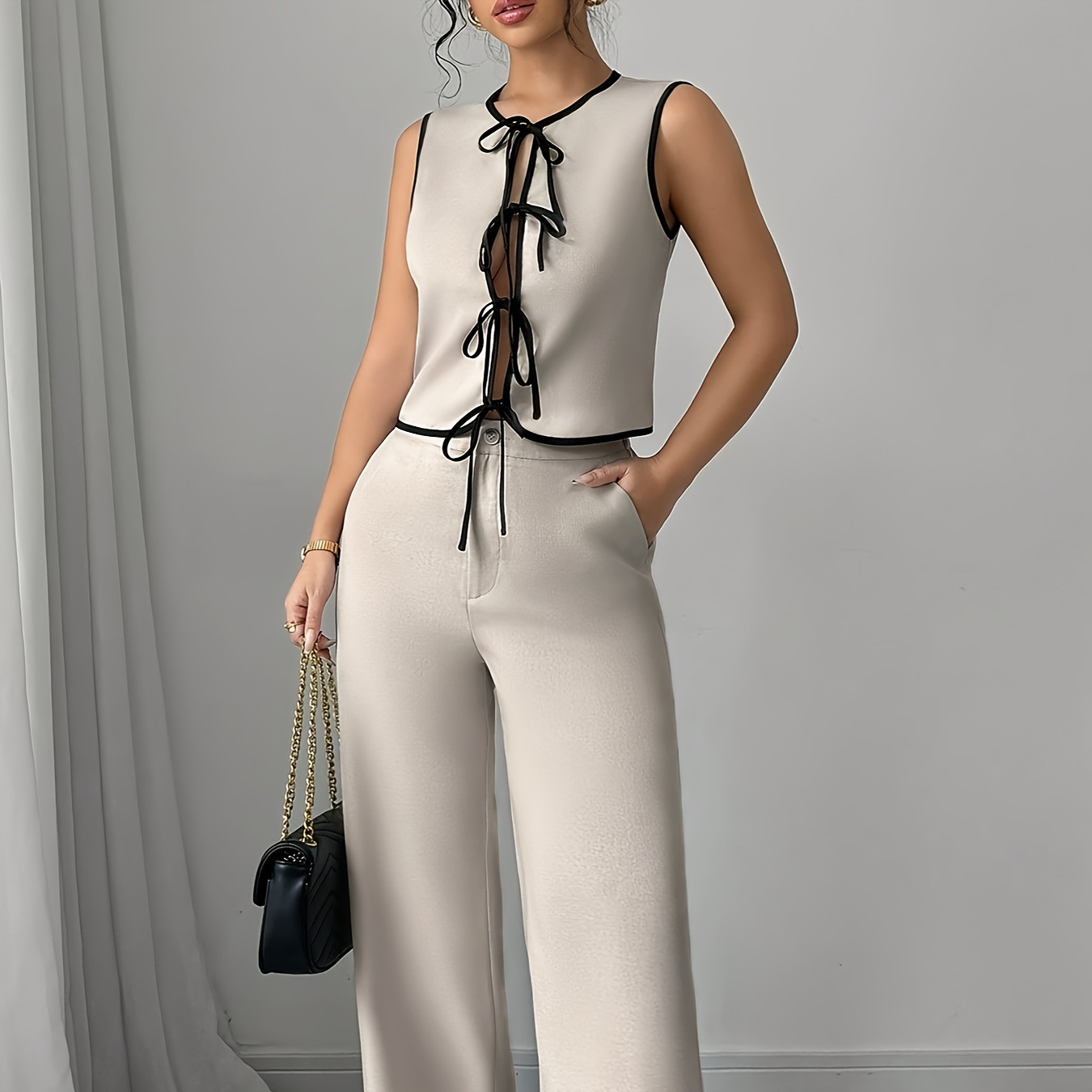 Women's Clothing Contrast Color Bow Tie Shirt Beige Wide Leg Pants Suit_ecoleips.com