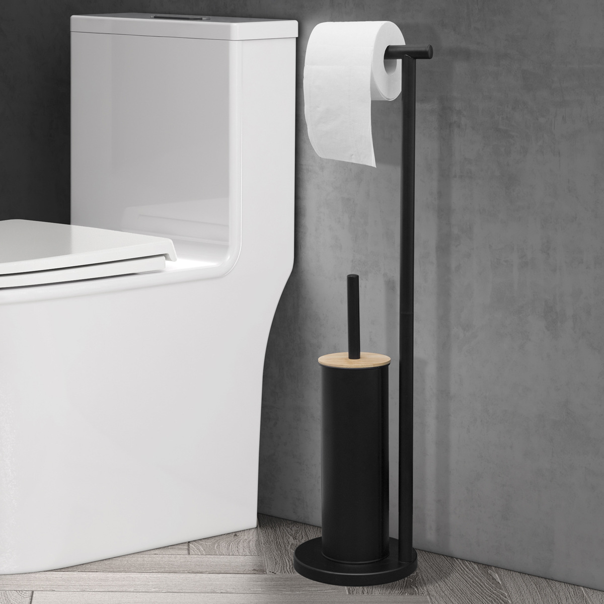 Transfronterizo mate negro piso de bambú cubierta inodoro cepillo toallas de papel inodoro doméstico limpio todo en uno cepillo de papel de papel de papel de papel de baño