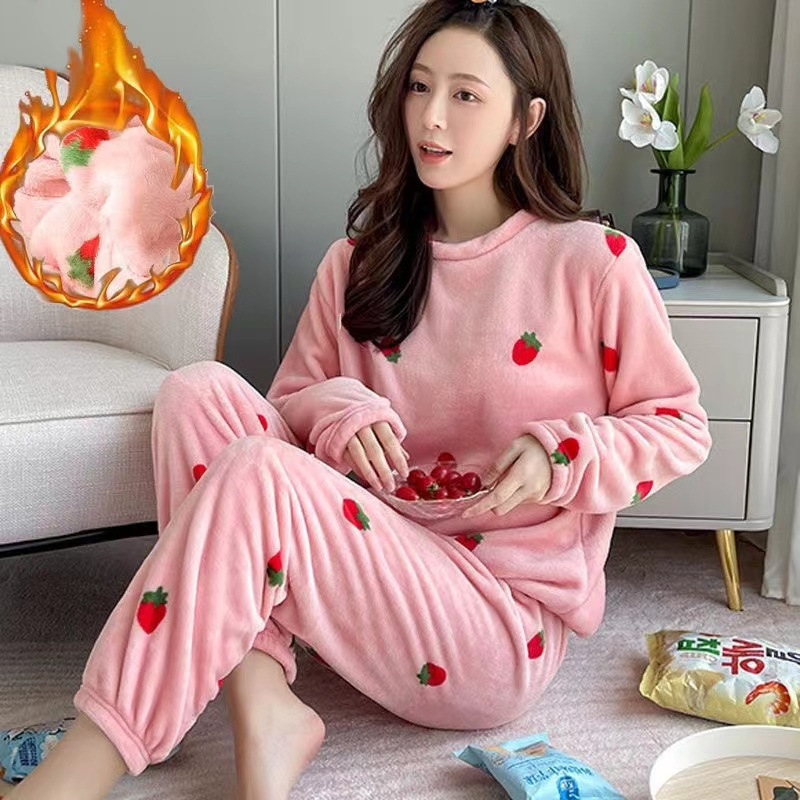 草莓暖暖家居服睡衣女2024秋冬加绒加厚珊瑚绒保暖两件套装可外穿
