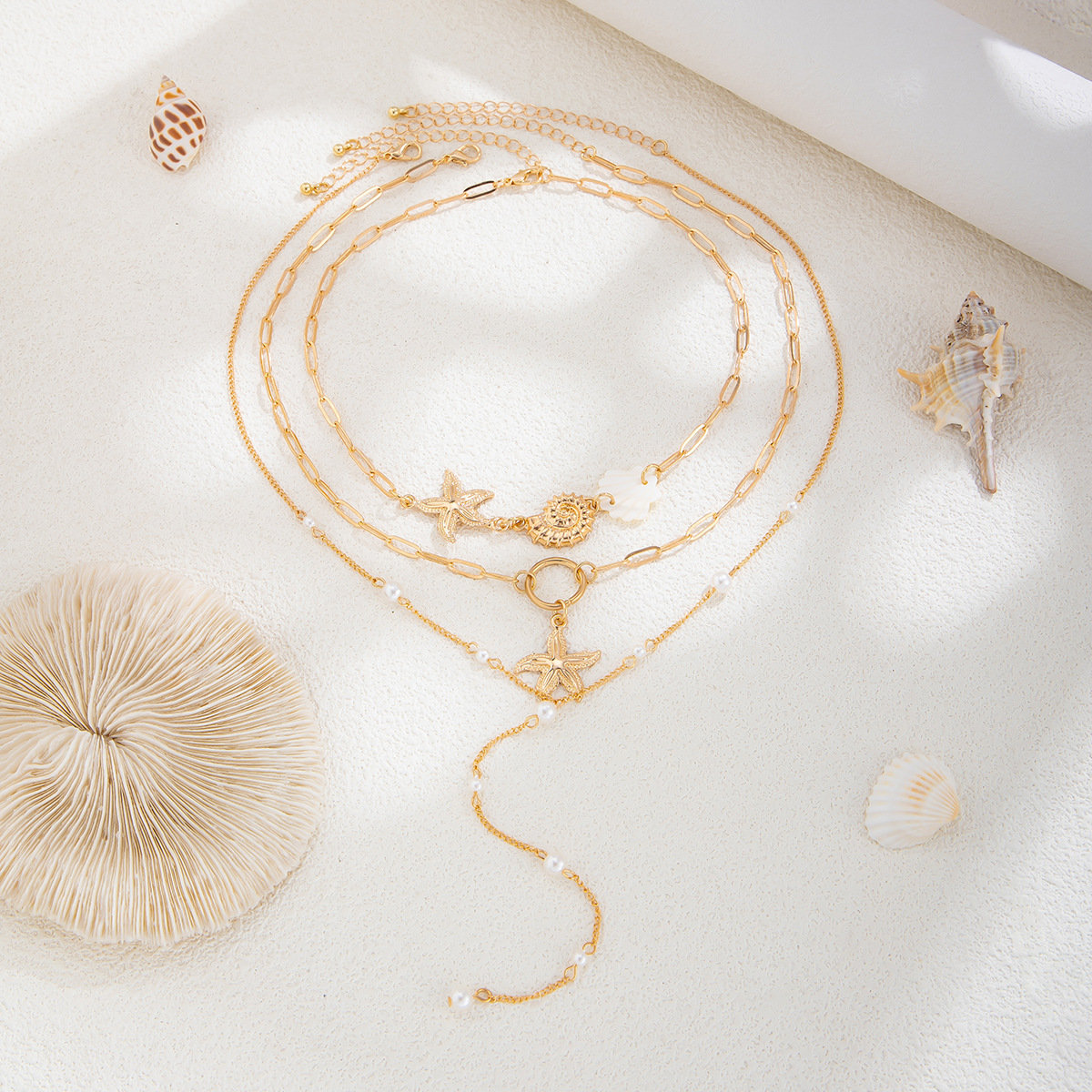 Europa y los Estados Unidos, el océano transfronterizo, el collar de concha de estrella de mar, el collar de cadena de grava de perlas de imitación de moda femenina image 4