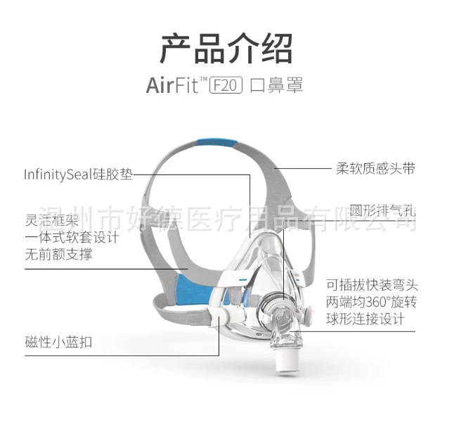 Аксессуары для аппаратов ИВЛ ResMed AirFit F20: полнолицевая маска для рта и носа для лечения храпа, вентиляции, против храпа и для сна.