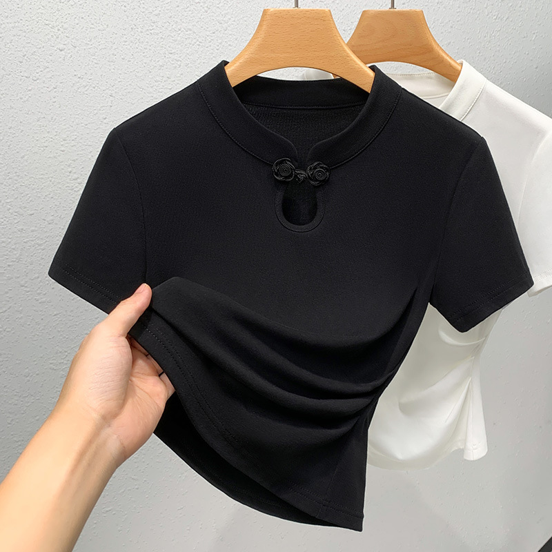 Camiseta negra de mangas cortas para mujeres 2025 nuevo diseño de moda de mujer china sensación de camiseta de algodón de estilo nacional cheongsam cuello de cintura superior