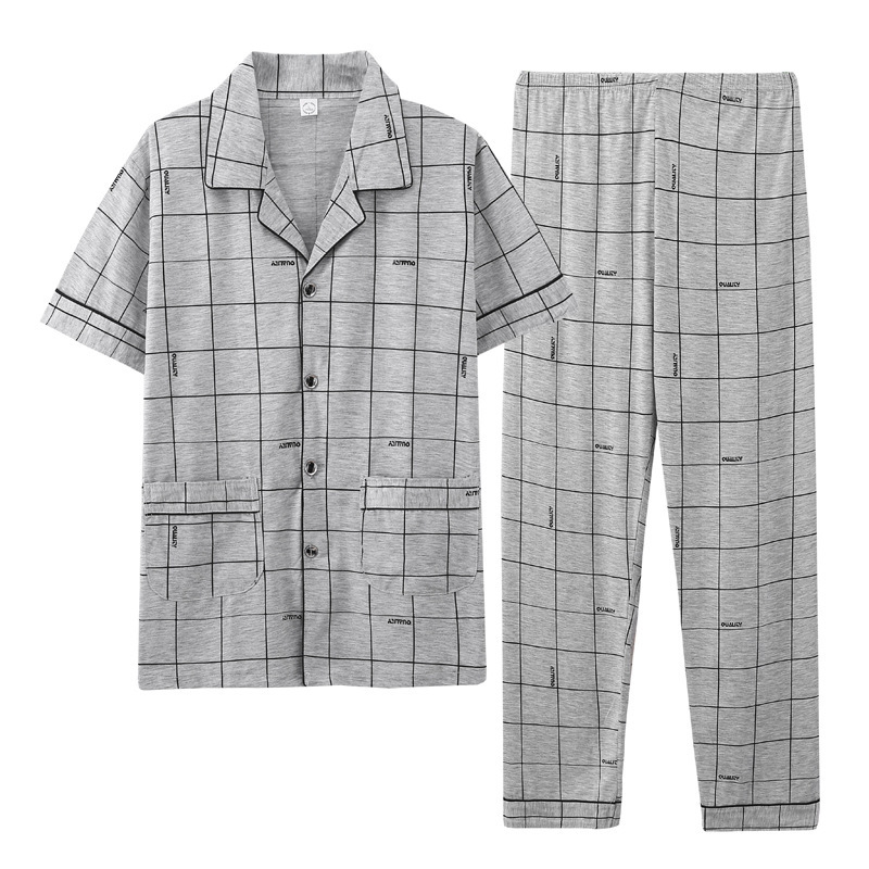 100% pijamas de algodón de manga larga de los hombres sueltos más tamaño aguja pequeño collar inverso joven y de mediana edad de primavera y otoño ropa de casa manga corta tejida
