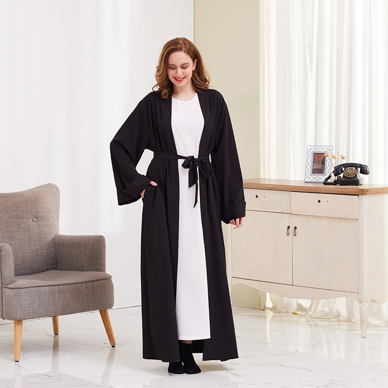 Muslim Cardigan Robe For Women Solid Colour Tie-up Dubai Style_voghion.com