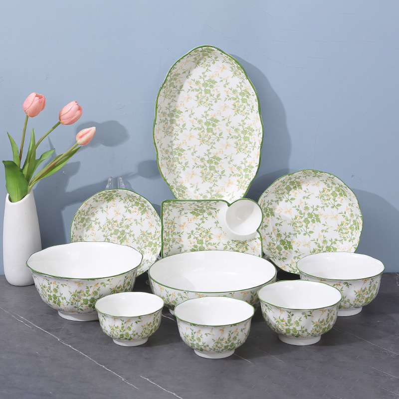 Ceramic Tableware Set Rose Lace Love All over the World Small Green Flower Dinner Plate Dumpling Plate Commercial Rice Bowl Ceramic Bowl