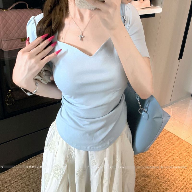 大码方领泡泡袖短袖t恤女夏季2025新款胖mm宽松显瘦遮肉外穿上衣|undefined