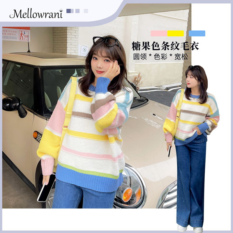 Beautiful New Winter Style Sweet Plus-Size Women's Clothing Round Neck Candy-Colored Striped Loose Sweater Korean Style Inner Wear K1777