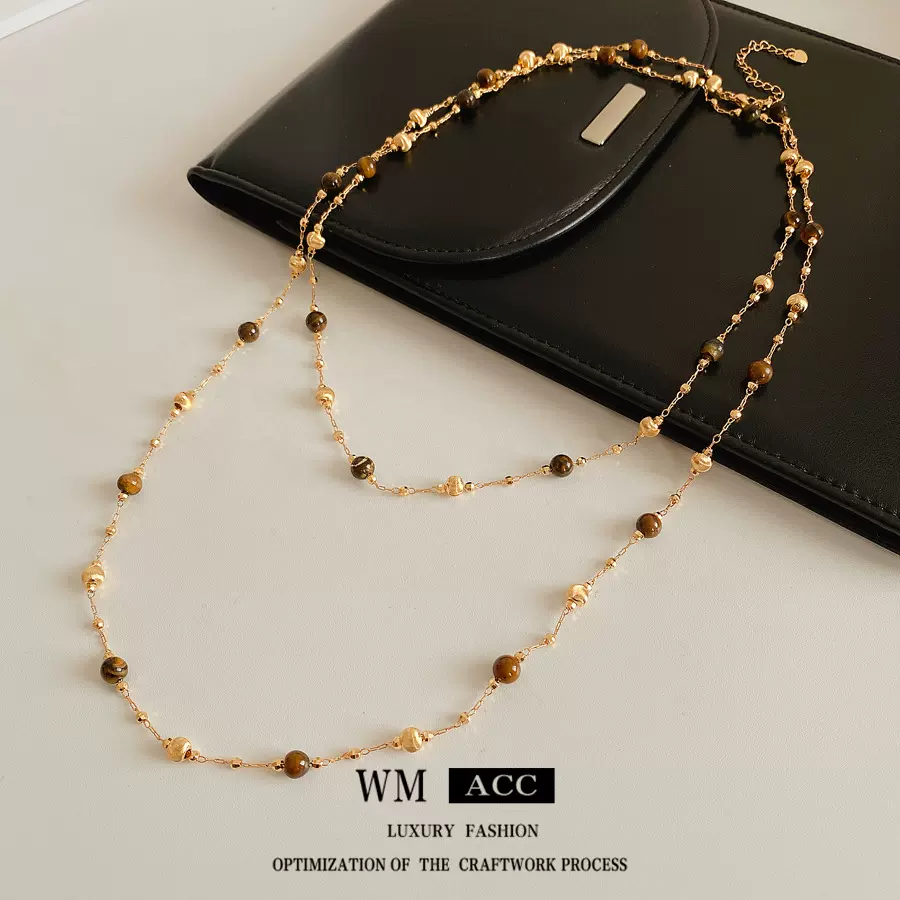 真金电镀虎眼石叠带项链复古美拉德毛衣链设计感小众饰品女高级感