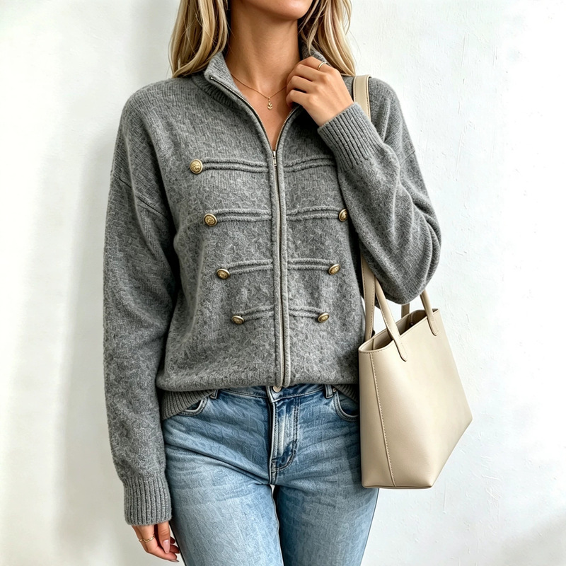 Cross-border European and American style, elegant and stylish knitted cardigan for women, new autumn/winter collection, stand-up collar, double-zipper sweater coat Cross-border European and American style, elegant and stylish knitted cardigan for women, new autumn/winter collection, stand-up collar, double-zipper sweater coat