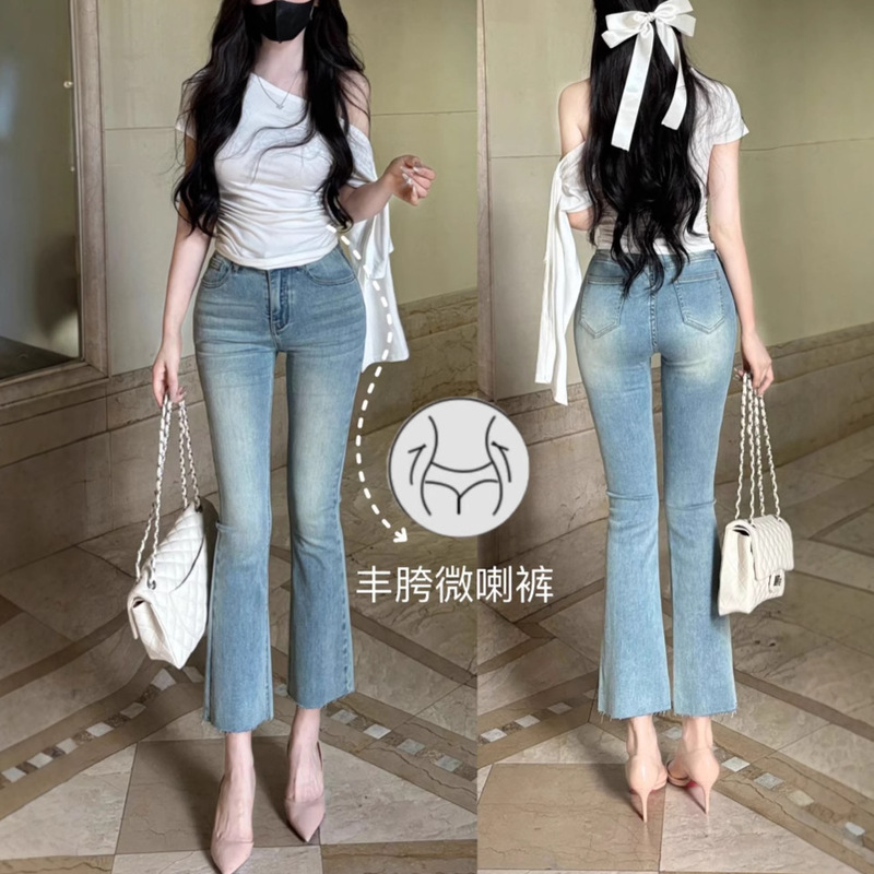 Korean Dongdaemun Retro Light Blue Double-Button High-Waisted Elastic Slim Fit Hip-Lifting Straight Cropped Cigarette Pants for Women Korean Dongdaemun Retro Light Blue Double-Button High-Waisted Elastic Slim Fit Hip-Lifting Straight Cropped Cigarette Pants for Women