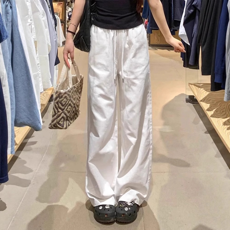 White Wide-Leg Pants for Women, Spring and Autumn 2026 New Style, High-Waisted, Loose Fit, Slimming, Petite, Floor-Length Denim Cotton-Linen Straight Pants