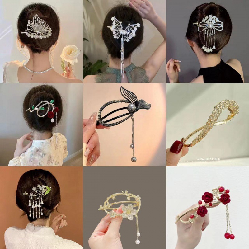 hanfu lily tassel hairpin bun fixed grip female sense hair clip temperament half tie updo hair accessories