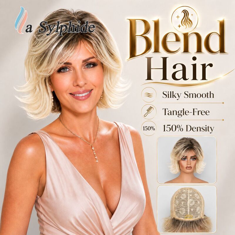 Women's Blend Hair Wig, Natural Collarbone-Length Hairpiece, Cross-Border Mixed Hair, 50% Real Human Hair, Rose Net Short Straight Hair Cap