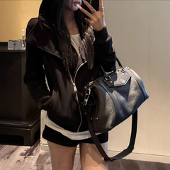 YOLO SHP 黑色连帽卫衣女修身百搭设计感翻领美式开衫外套上衣