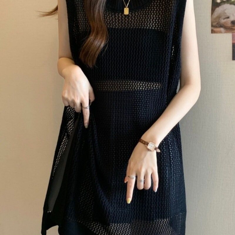 Round Neck Mid-Length Hollow-Out Knitted Vest Blouse for Women, Summer Plus-Size Loose Korean Style Gentle Versatile Slimming Top
