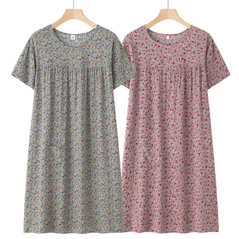 中老年人棉绸短袖睡裙女新款睡衣夏薄款妈妈宽松家居服连衣裙夏季