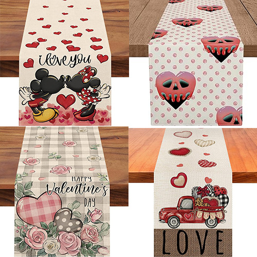 Mantel de lino transfronterizo para el Día de San Valentín, con estampado de dibujos animados, camino de mesa nórdico, a prueba de polvo y resistente a las manchas, para mesa de comedor, tira larga.