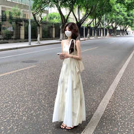 【原版做法】复古水墨印花吊带连衣裙女夏季收腰显瘦大摆裙A字长