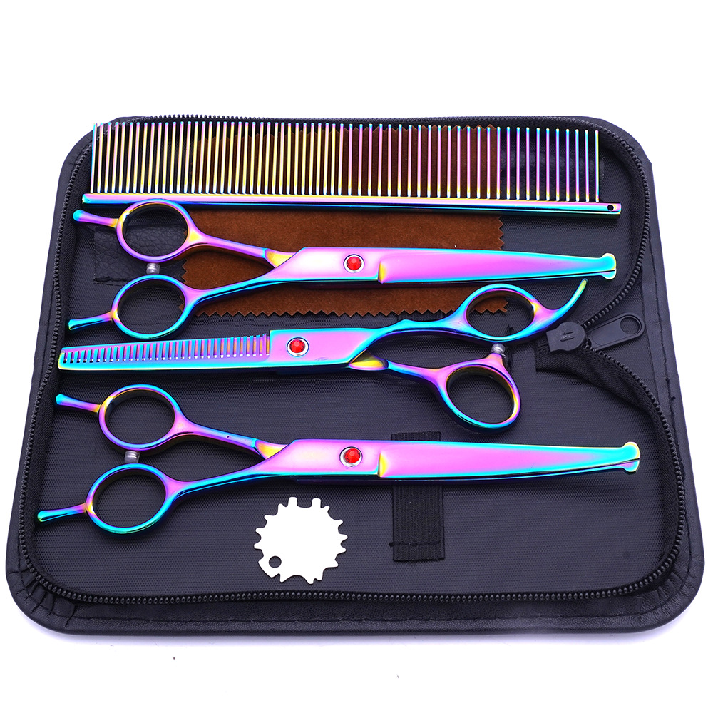 Fábrica directa de acero inoxidable mascotas belleza tijeras color cabeza redonda tijeras de diente fino tijeras pelo recorte curvo tijeras traje