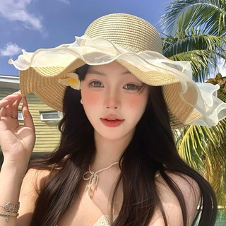 田园风蕾丝蝴蝶结飘带草帽女夏海边大帽檐遮阳防晒帽新款太阳帽子