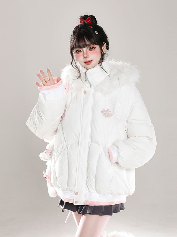 Sweet and Cute Hooded Pink White Color-matching Cotton Coat Coat Winter Thickened Not Bloated Warm Bread Cotton-padded Coat
