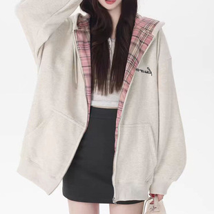 Autumn and Winter American Plaid Lazy Style Zipper Jacket Women's Butt-covering Sweater Thickened Hoodie Top Women
