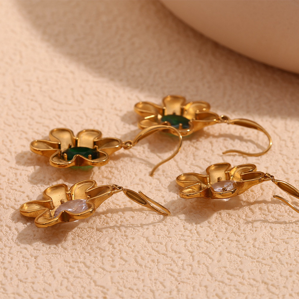 Diamond Flower Pendant Stainless Steel Earrings