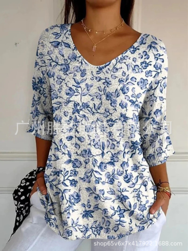 2025 European and American Cross-Border Foreign Trade New Fashion Casual V-Neck 3D Printed Geometric Pattern Five-Quarter Sleeve T-Shirt Top for Women