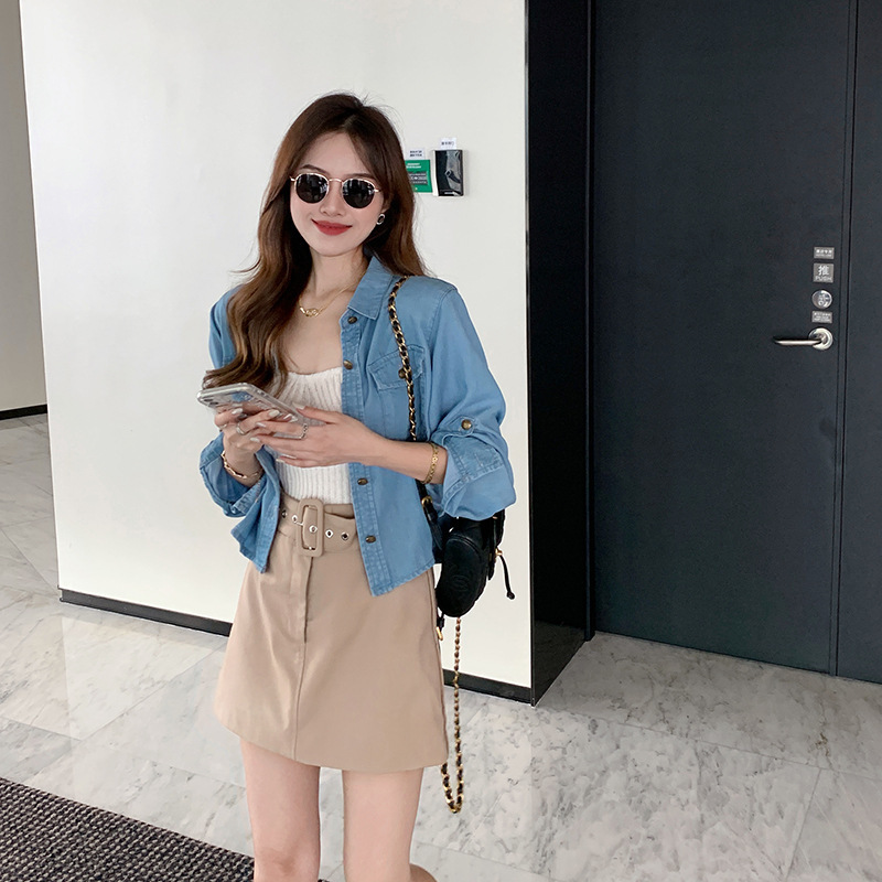 Ice Tencel Denim Shirt Women's New Summer Temperament Retro Thin Long-Sleeved Sun Protection Casual Short Shirt