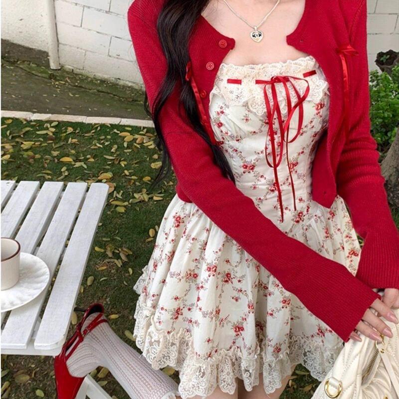Suit for Women 2026 Spring New Style French Style Lace Splicing Floral Suspender Dress Long-Sleeved Cardigan Jacket Suit for Women 2026 Spring New Style French Style Lace Splicing Floral Suspender Dress Long-Sleeved Cardigan Jacket