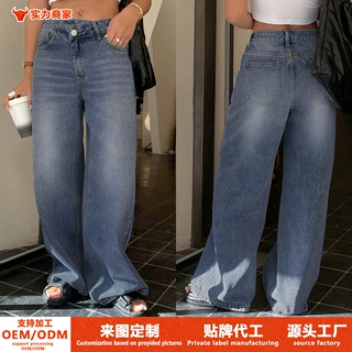跨境外贸亚马逊欧美时尚设计休闲直筒百搭休闲宽松斜扣牛仔裤女
