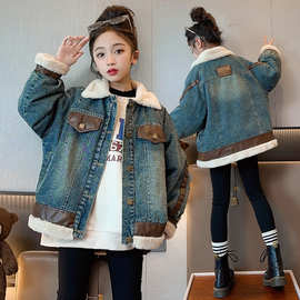 女童外套秋冬款2023新款加绒加厚韩版秋装中大童冬季牛仔上衣短款