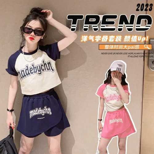 Ladie's Summer Dress Set 2024 New Medium to Large Child Trendy Cute Splicing T-shirt Skirt Korean Style Two-Piece Set