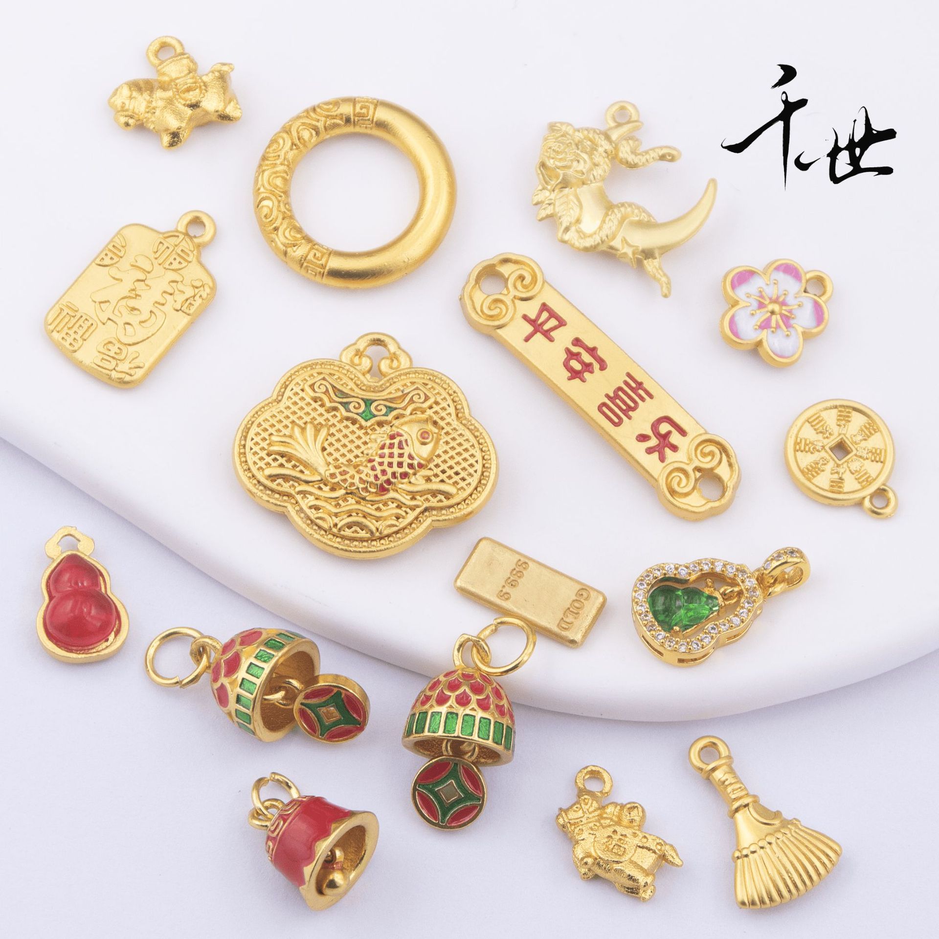 跨境热销金镶玉精工保色饰品吊坠 铃铛纳福金条葫芦手串链diy配件