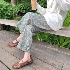 リネンプリントカスタム紡績ハイエンド夏涼しく通気性のあるレトロカラーストレートカジュアルパンツ小柄な人向けの9点パンツ