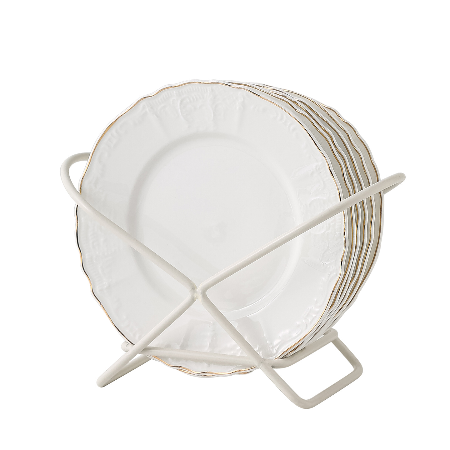 Conjunto de platos de porcelana blanca en relieve francés de Phnom Penh, platos de postres caseros de 6 pulgadas, platos de bocadillos de lujo ligeros con rack de almacenamiento